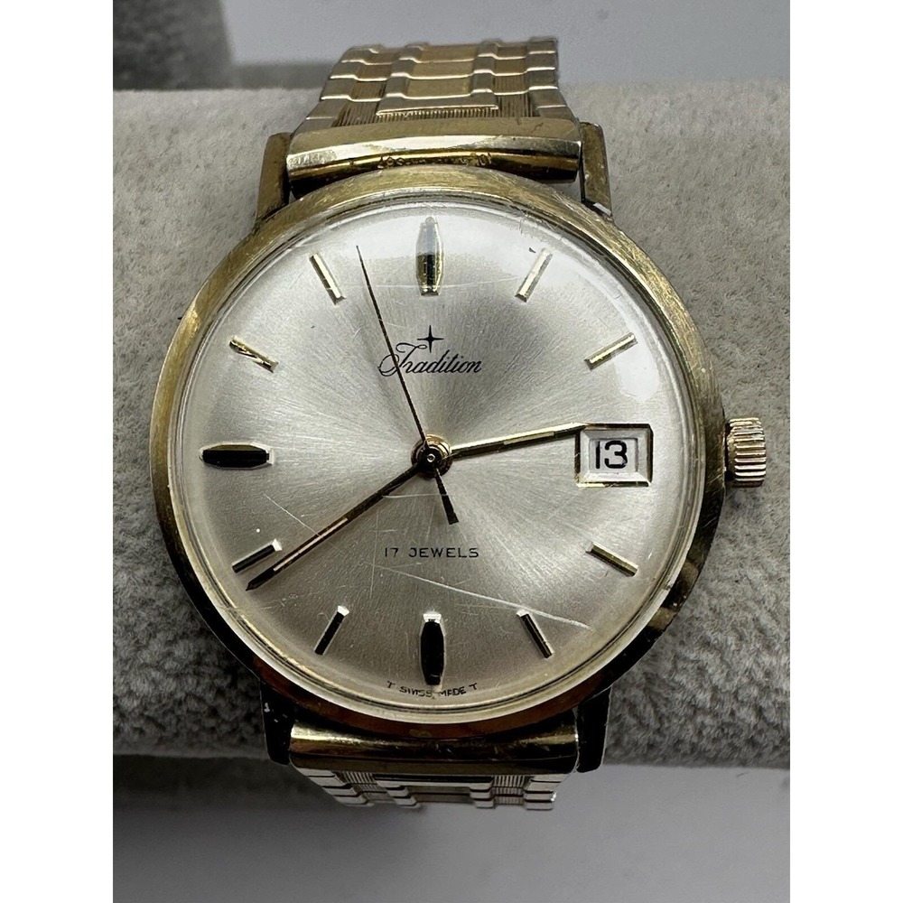 Tradition Swiss‎ Made Mens Watch 17 Jewels 10K RGP 33MM 6" Stretch Band E8